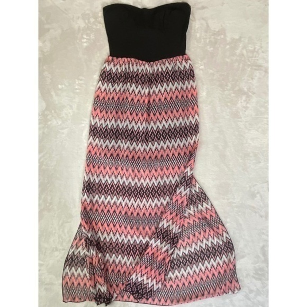 Strapless Sweetheart Back Cutout Maxi Dress Size L Pink Gray Zigzag Ikat Print‎